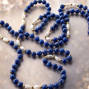 Royal Blue Lapis Style Beaded Necklace  Freshwater Pearls & Gold Accents